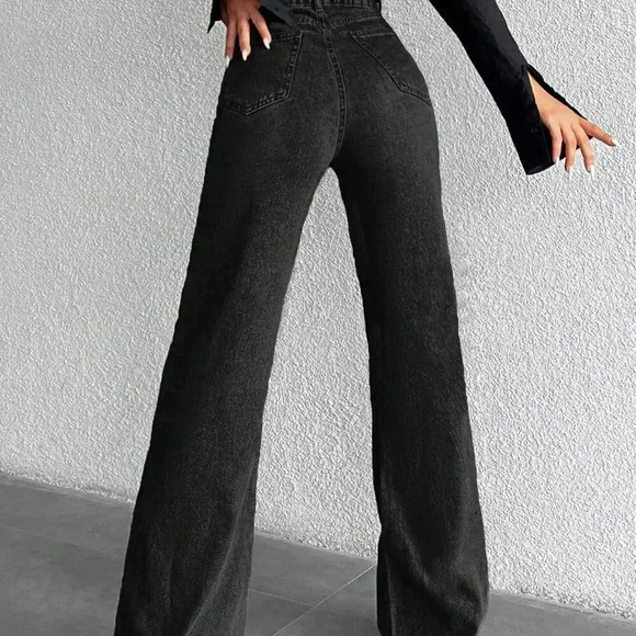 Black Casual Women's High Waist Wide Leg Jeans - Picture 3 of 4